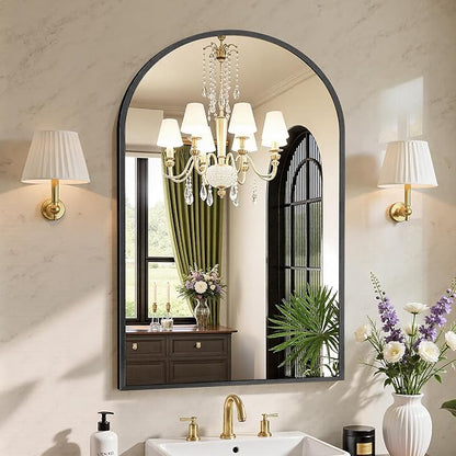 NEWBULIG 24X36 Inch Arched Bathroom Mirror for Wall, Vanity Bathroom Mirrors for Over Sink Tempered Glass, Anti-Rust Arched Metal Framed, Hangs Horizontally or Vertically, Farmhouse Home Decor, Black