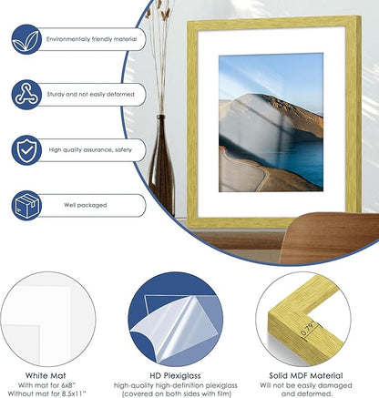 PEALSN 8.5 x 11 Picture Frame Set of 6, Display Pictures 6x8 with Mat or 8.5 x 11 without Mat for Wall Mounting Display, Photo Frames Collage for Wall Decor, Gold