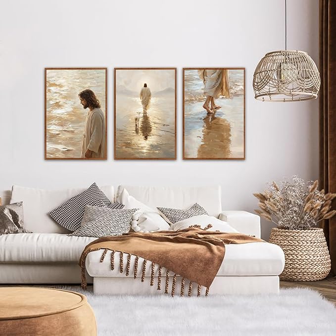 KAlRNE Jesus Walking On Water Wall Art Set of 3(24”X36”),Christian Bible Wall Decor,Neutral Spiritual Gold Framed Canvas Paintings,Lost Sheep Art Prints For Living Room Bedroom Church Office