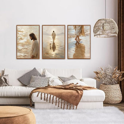 KAlRNE Jesus Walking On Water Wall Art Set of 3(24”X36”),Christian Bible Wall Decor,Neutral Spiritual Gold Framed Canvas Paintings,Lost Sheep Art Prints For Living Room Bedroom Church Office