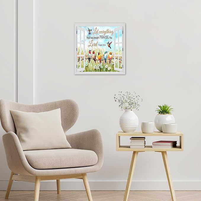 LB Bird Floral Quote Wall Art Watercolor Hummingbird with Bible Quote Flower Canvas Wall Art Nature Plant Window Wall Decor for Living Room Bedroom Bathroom Office Framed Ready to Hang 12L x 12W