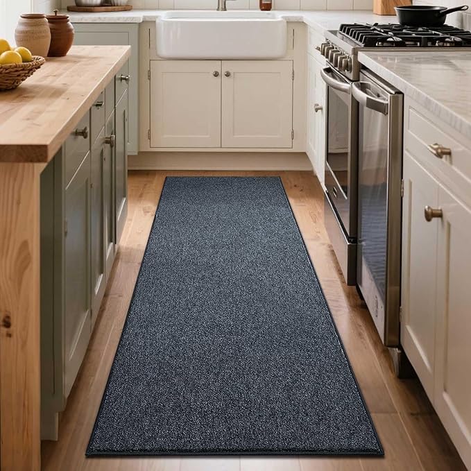 FinRèc 2x6 Washable Runner Rugs for Kitchen Hallway Bedroom, Low Pile Thin Rug Solid Color, Non-Slip Carpet Indoor for Home Decor (Grey Blue/White)