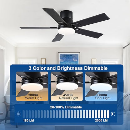 42 Inch Ceiling Fans with Lights and Remote,Flush Mount Black Ceiling Fan with 5 Blades,6 Speed Reversible DC Motor,3CCT Dimmable LED-Low Profile Design for Bedroom, Living room & Covered Outdoor