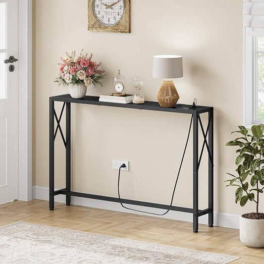 Gewudraw 41.7" Console Table with Outlet, Narrow Behind Couch Sofa Table, Industrial Skinny Design for Hallway, Entryway, Living Room, Black