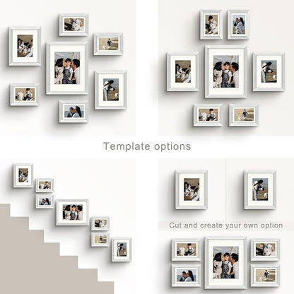 Frametory, Gallery Wall Frame Set of 7 Multiple Sizes 11x14, 8x10, 5x7 Picture Frame Collage with Ivory Color Mat for Prints, with Real Glass (Silver)