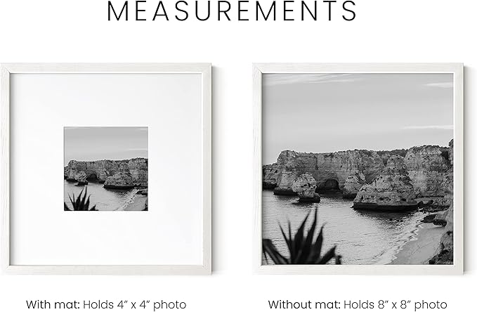 HAUS AND HUES Solid Oak 8"x8" Picture Frame Matted to 4"x4" - 8x8 Square White Picture Frames, Square Picture Frame Wood, 8 x 8 Picture Frames with Mat, White Poster Frames with Matting