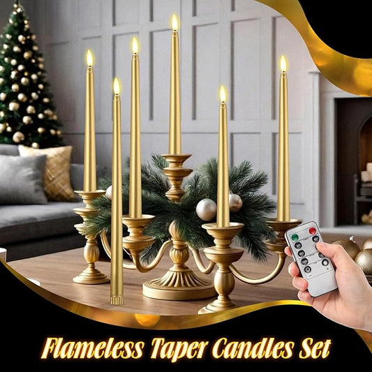 Rossesay 28 Pcs Flameless Taper Candles with Timer Remote 4 Sizes of 8.5", 9.6", 10.83", 12.8" LED Flickering Taper Candles Battery Operated for Valentine's Day Church Wedding Home Decor(Gold)