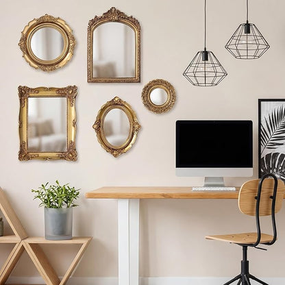 5 Pcs Vintage Gold Mirror Luxury Set Small Gold Mirrors Vintage Gallery Wall Mirror Hanging Antique Art Decor for Wall Living Room Entryway Assorted Sizes (Stylish Style,10in/8in/7in/4in)