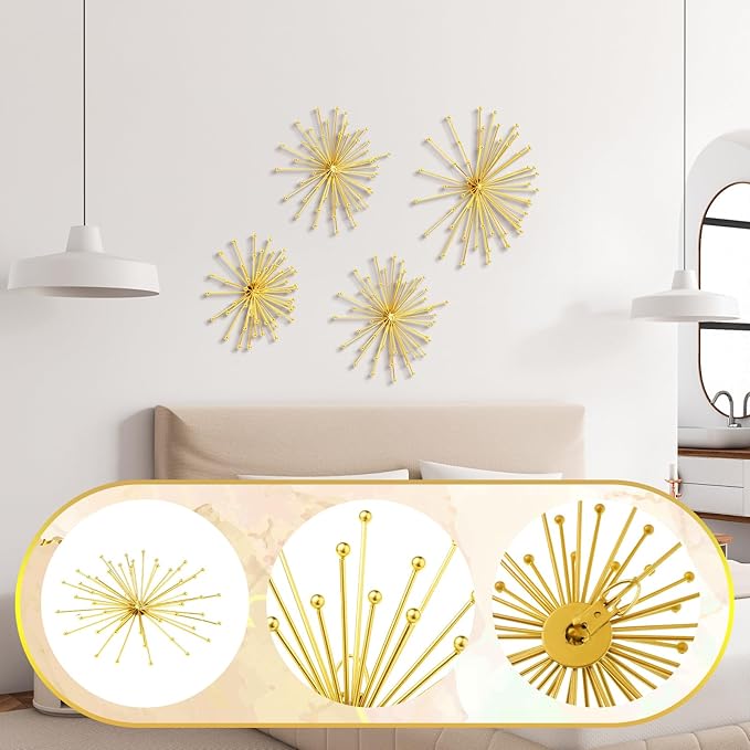Shimeyao 4 Pcs Metal Starburst Wall Decor Gold Metal Wall Art 3D Spike with Orb Finish Star Burst Hangings Accents Sculptures Set Modern Mid-Century Decorations for Living Room Bedroom Entryway
