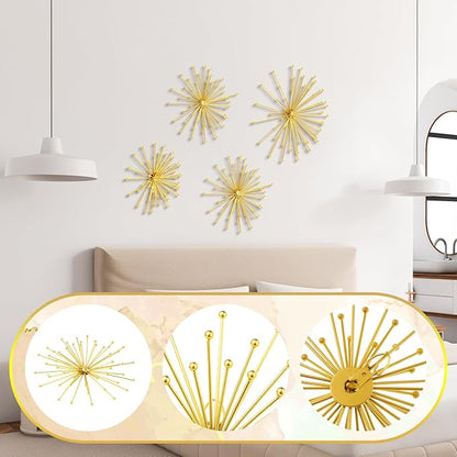 Shimeyao 4 Pcs Metal Starburst Wall Decor Gold Metal Wall Art 3D Spike with Orb Finish Star Burst Hangings Accents Sculptures Set Modern Mid-Century Decorations for Living Room Bedroom Entryway