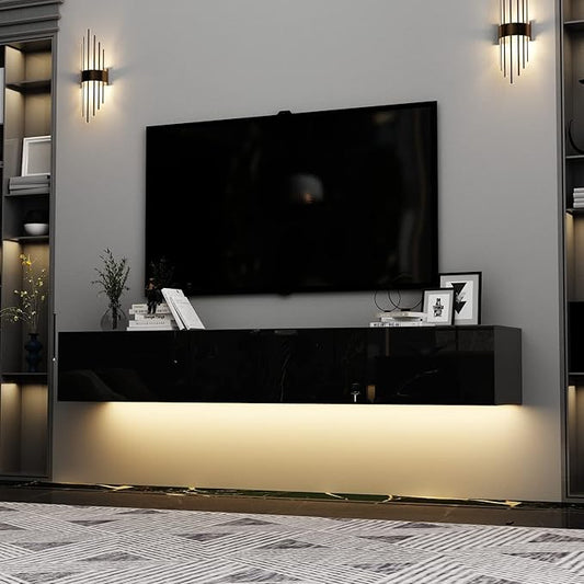 Homsee Floating LED TV Stand for TVs up to 70", Wall Mounted Wood Media Console with Glossy Surface & LED Lights, Modern Entertainment Center with 3 Drawers for Living Room, Bedroom, Black