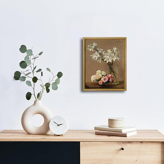 Pyradecor Vintage Retro Framed Wall Art Home Decor Roses and Lilies Canvas Prints Classical Floral Painting Vintage Wall Decor for Laundry Room Farm House Decor