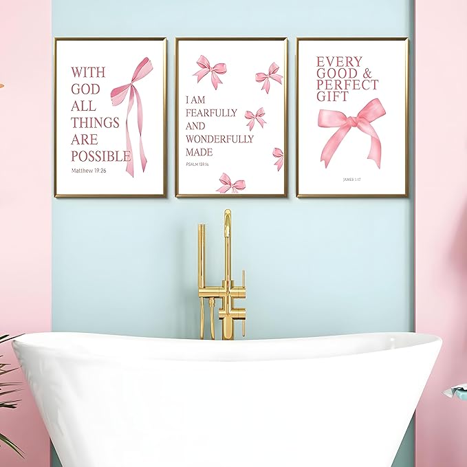 JBZDD Coquette Pink Bow Wall Art Decor Posters Set of 3, Inspirational Bible Verses Pictures Prints Coquette Aesthetic for Girls Room College Apartment Living Room Bedroom Unframed 16x24 In