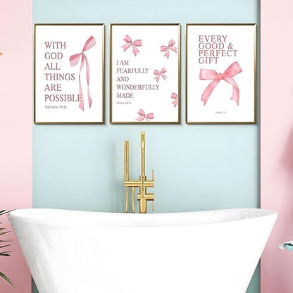 JBZDD Coquette Pink Bow Wall Art Decor Posters Set of 3, Inspirational Bible Verses Pictures Prints Coquette Aesthetic for Girls Room College Apartment Living Room Bedroom Unframed 16x24 In
