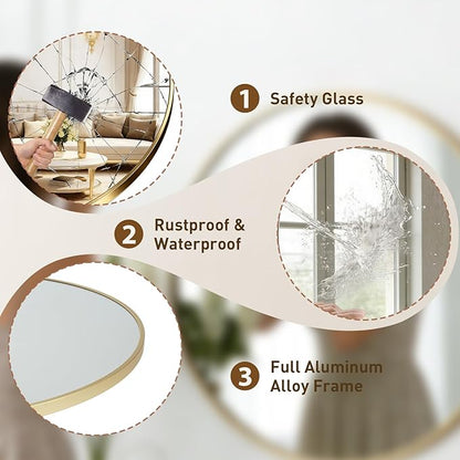 NEWBULIG 36 Inch Round Wall Mirror, Bathroom Mirror for Over Sink, Matte Metal Framed Circle Vanity Mirror, Wall Decor for Bedroom, Entryway, Anti-Rust, Tempered Glass, Hanging or Leaning, Gold