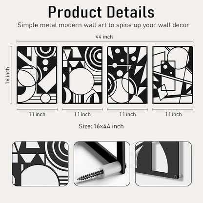 Bakovity Black Abstract Wall Art, Metal Art Wall Decor, Large Geometry Art, Modern 3D Abstract Wall Sculptures for Bedroom Bathroom Living Room (4 Pack, 16 x 11 in)