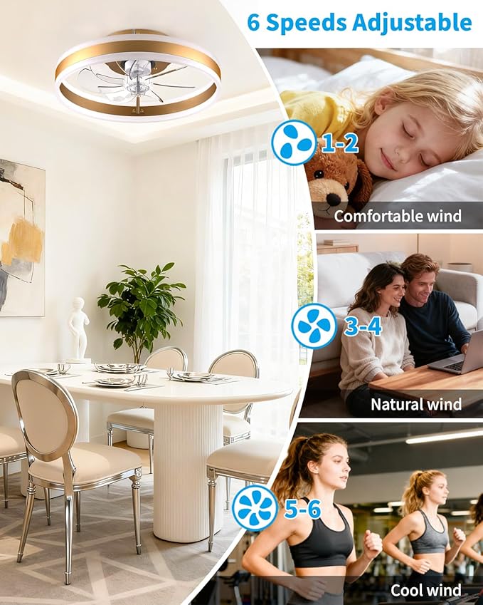 RGB Ceiling Fan with Lights, Low Profile Ceiling Fans with Lights and Remote, Flush Mount LED Fan Light, Modern Bladeless Fandelier for Bedroom Works with APP, 16IN Gold