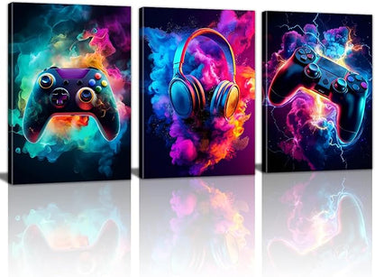WENGTIAO 3Pcs Framed Gaming Canvas Wall Art Prints Cool Video Gamer Painting Neon Gamepad Headphones Posters Colorful Game Controller Pictures Esports Artwork for Teen Boys Bedroom Play Room 20x28in