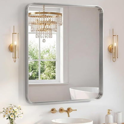 NEWBULIG 36X40 Inch Bathroom Mirror for Over Sink, Wall Vanity Mirrors Tempered Glass, Anti-Rust Metal Framed Rounded Rectangle, Hangs Horizontally or Vertically, Farmhouse Home Decor, Silvery