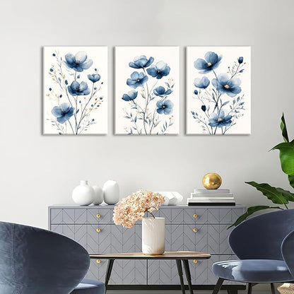 okudolit Navy Blue Wildflower Framed Canvas Wall Art Set Of 3 Flowers Pictures Prints Flowers Printing Floral Watercolors Flower wall Decor Living Room Bedroom Dinning Room Farmhouse Office-16 x24in