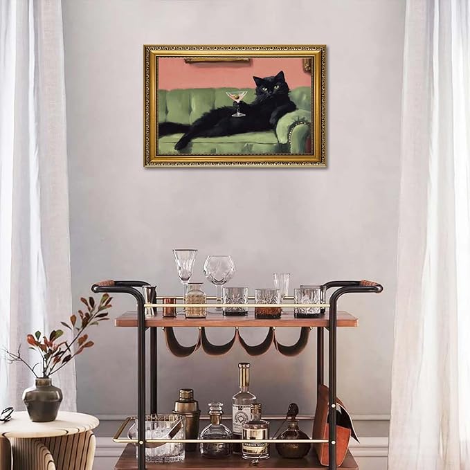 YD&YZY Gold Framed Funny Cat Wall Art Canvas Black Cat Martini Vintage Quirky Humor Bar Cart Wall Decor Cute Animal Painting Picture Print Artwork for Bedroom Living Room Bathroom 16x24 inch Framed