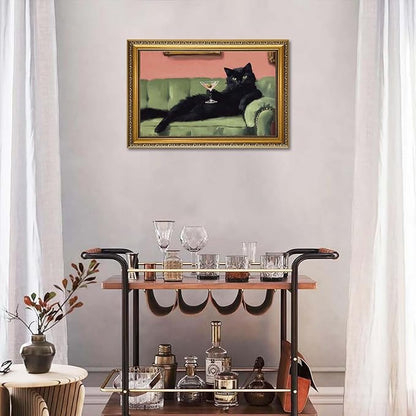 YD&YZY Gold Framed Funny Cat Wall Art Canvas Black Cat Martini Vintage Quirky Humor Bar Cart Wall Decor Cute Animal Painting Picture Print Artwork for Bedroom Living Room Bathroom 16x24 inch Framed