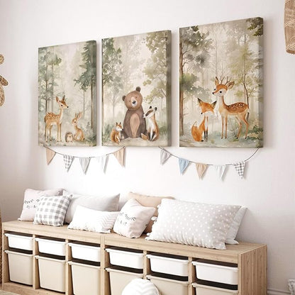 Woodland Nursery Wall Art Decor Animal Forest Canvas Prints Baby Boy Room Wall Decor Bear Nursery Nature Pictures Deer Prints Artwork for Boy Girl Kids Bedroom 16x24 Inch Wrapped Canvas Set of 3