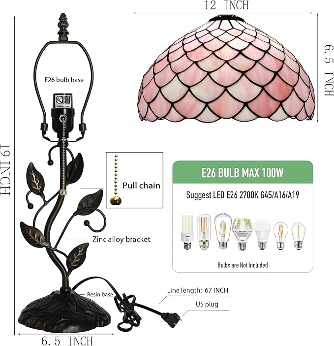 Tiffany Lamp Stained Glass Style Table Lamp Pink Fishscale Style Bedside Desk Reading Light W12H19 Inch Metal Leaf Base with Metal Leaf Base