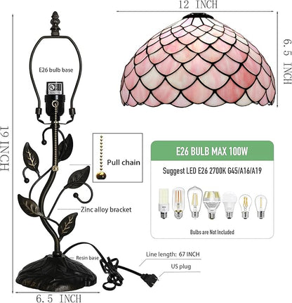 Tiffany Lamp Stained Glass Style Table Lamp Pink Fishscale Style Bedside Desk Reading Light W12H19 Inch Metal Leaf Base with Metal Leaf Base