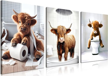 Funny Bathroom Highland Cow Wall Art, Brown Cute Cow Animal Canvas Posters Prints Set of 3, Vintage Rustic Farmhouse Home Pictures Wall Decor Painting for Bathroom Restroom Framed 16x24Inch