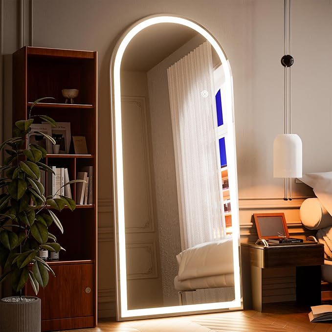 Arched LED Mirror Full Length - 65" x 26" Mirror Full Length with Light, Wall Mounted Full Body for Bedroom/Dressing Room, 3 Color Lighting, White