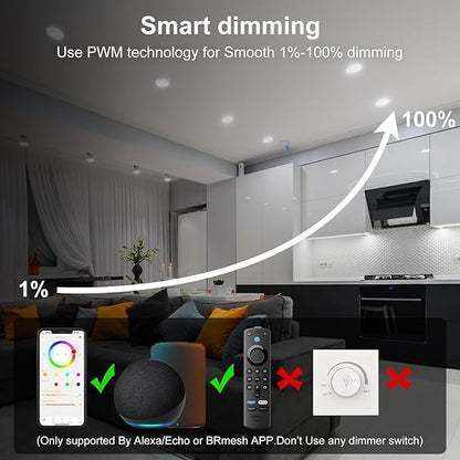 Smart Recessed Lighting 4 Inch RGBCW Color Changing 12W LED Recessed Ceiling Lights with Junction Box,1080LM Canless Downlight Compatible with Alexa,Dimmable by Bluetooth Control (1 Pack)