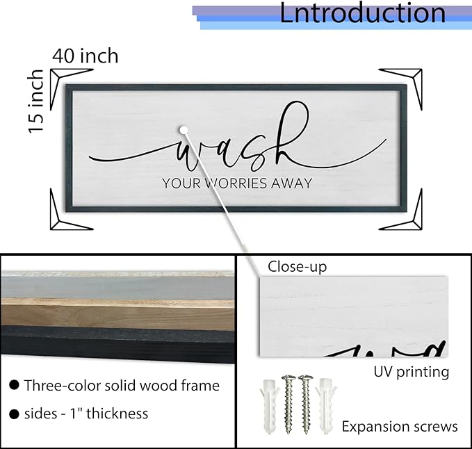 FZMHASLWW Funny Laundry Room Bathroom Wall Decor Wash Your Worries Away Sign 40"×15" Inspirational Quote Art for above the Bathtub Restroom Large Minimalist Wood Framed Hanging Plaqu (Black)