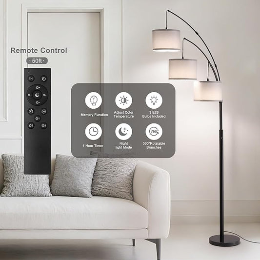 Floor lamp with Remote, 3 Light Arc Floor Lamps for Living Room, 2400LM Tall Standing Floor Lamps with Gray Shades, 80" Large Floor Lamp for Bedroom, Office