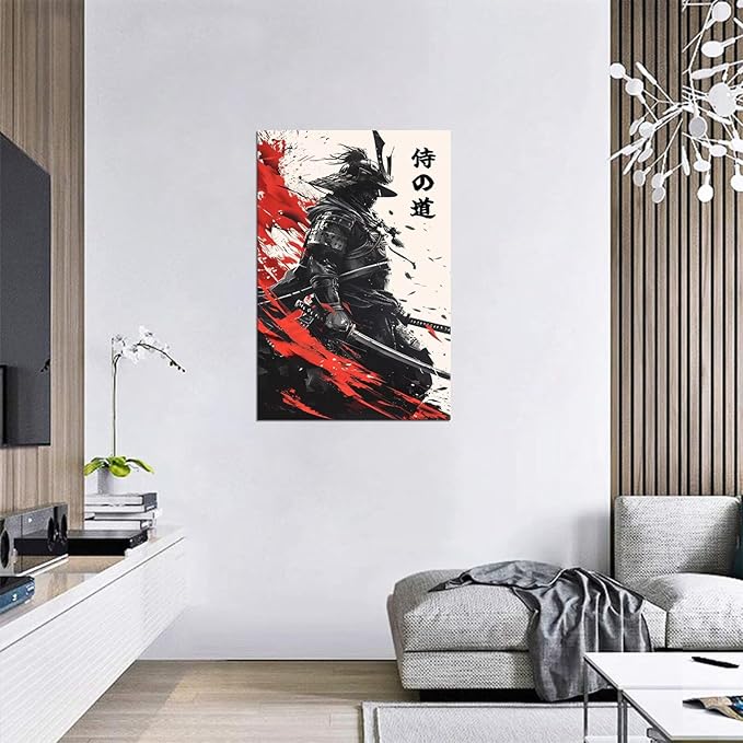 Japanese Bushido Wall Art Samurai Warrior Pictures Wall Decor Canvas Prints Armored Samurai Painting Poster Artwork Modern Home Decor Framed for Bedroom Living Room Office (24''W x 36''H)