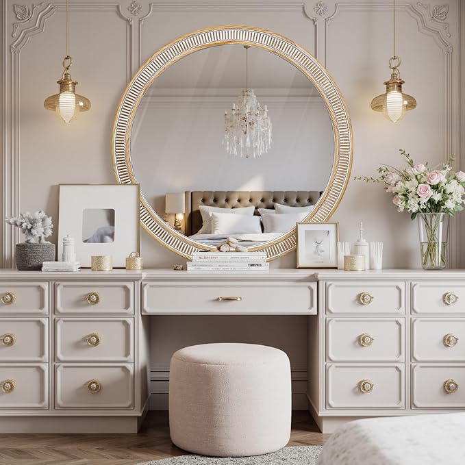 HOITUZYUS Round Wood Mirrors for Wall Decor, 30 Inch Rustic Farmhouse Circle Decorative Mirror for Bathroom, Living Room, Foyer, Entryway, Bedroom