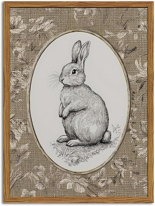 Framed Vintage Rabbit Wall Art, Cute Easter Bunny Pictures Wall Decor, Rustic Farmhouse Animal Paintings Canvas Prints Cottagecore Home Decor for Nursery Living Room Bedroom 12x16 inch