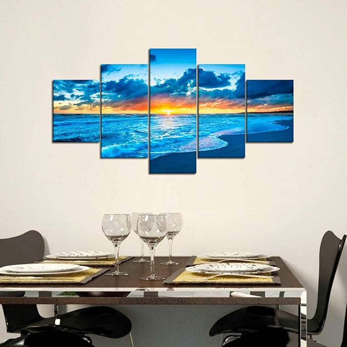 Canvas Painting Beach Ocean Sunrise Modern Landscape Painting on Canvas 5 Piece Print HD Sea View Pictures Giclee Artwork Wall Art for Living Room Home Decor Wooden Framed Stretched (60''W x 32''H)