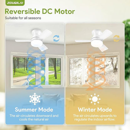 26" White Ceiling Fans with Lights and Remote, Low Profile Ceiling Fan with Light, Reversible DC Motors, 3CCT Dimmable Timer Noiseless, Flush Mount Ceiling Fan for Bedroom/Living Room