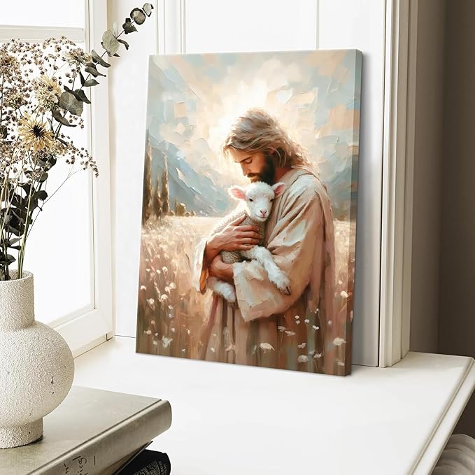 Jesus and Lamb Canvas Wall Art Christian Jesus the Good Shepherd Painting Picture Wall Decor Religion Bible Stories Poster Print Artwork for Church LDS Bedroom Living Room Home Decor 16x24in Canvas