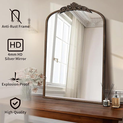 Micasso Traditional Ornate Bronze Mirror: 24"x36" French Baroque Antique Mirror - Decorative Vintage Arched for Wall/Bathroom/Entryway/Hallway/Living Room - Home Decor for Bathroom