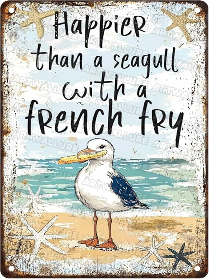 Seagull Vintage Tin Sign Seagull with French Fry Metal Tin Sign Beach Decor Beach Decor for Bedroom Pool Decorations Outdoor 12x16inch