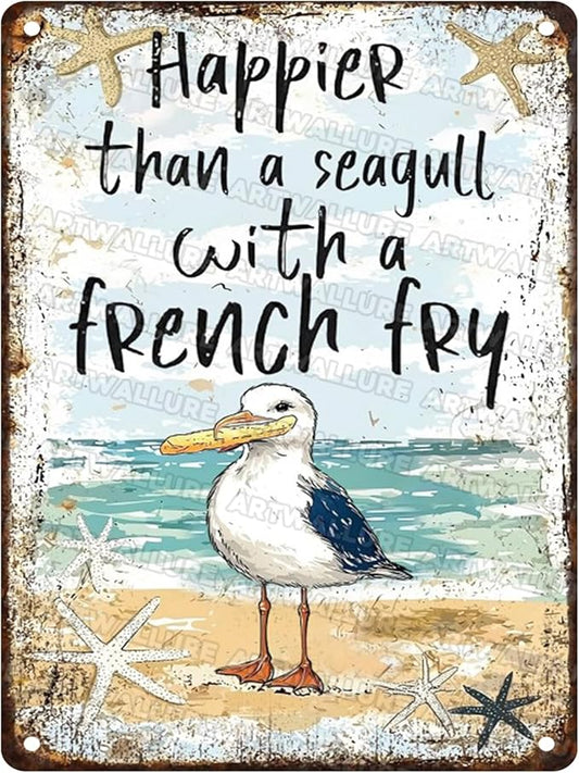 Seagull Vintage Tin Sign Seagull with French Fry Metal Tin Sign Beach Decor Beach Decor for Bedroom Pool Decorations Outdoor 12x16inch