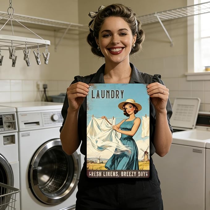 Laundry Vintage Tin Sign Funny Sarcastic Fresh Linens Breezy Days Retro Housewife Design Vintage 1950s Mom 12x8 Inch
