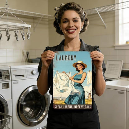 Laundry Vintage Tin Sign Funny Sarcastic Fresh Linens Breezy Days Retro Housewife Design Vintage 1950s Mom 16x12 Inch