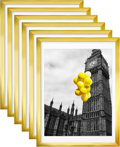 12x16 Picture Frame Set of 6, Display Pictures 11x14 with Mat or 12x16 Without Mat,Wall Gallery Photo Frames, Polished Gold