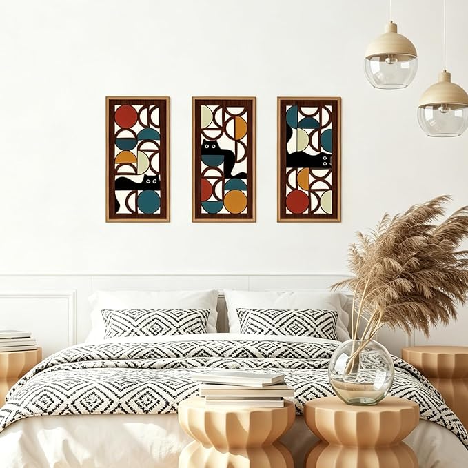 IARTTOP Mid Century Modern Cat Wall Art Framed Set of 3 Boho Abstract Geometric Wood Decor Black Cat Hanging Art for Living Room Bedroom Office Cat Lover Gifts 8x16 Inch