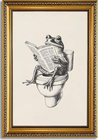 YD&YZY Gold Framed Funny Bathroom Frog Wall Art Canvas Frog on Toilet Reading Newspaper Wall Decor Unique Cute Animal Painting Picture Print Artwork for Bedroom Bathroom 16x24 inch Framed