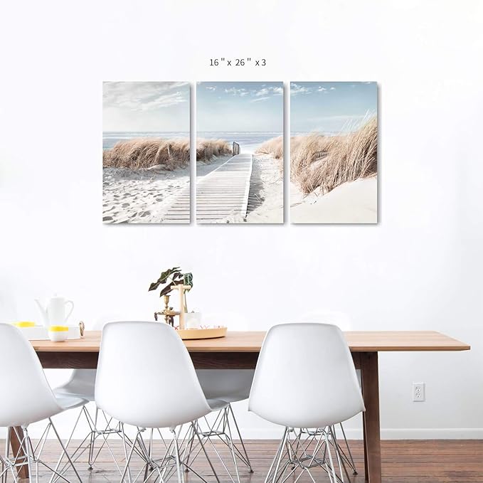 Hardy Gallery Beach Scene Picture Coastal Painting: Oceanside Sea Grass Trail Artwork on Canvas Print for Office(26''x16''x3pcs)