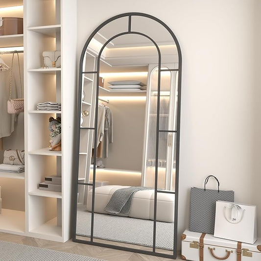 Arched Full Length Mirror, 56"x22" Mirror Full Length, Oversized Floor Length Standing Mirrors, Large Body Wall Mounted Window Pane Mirrors, Hanging or Leaning (Black)